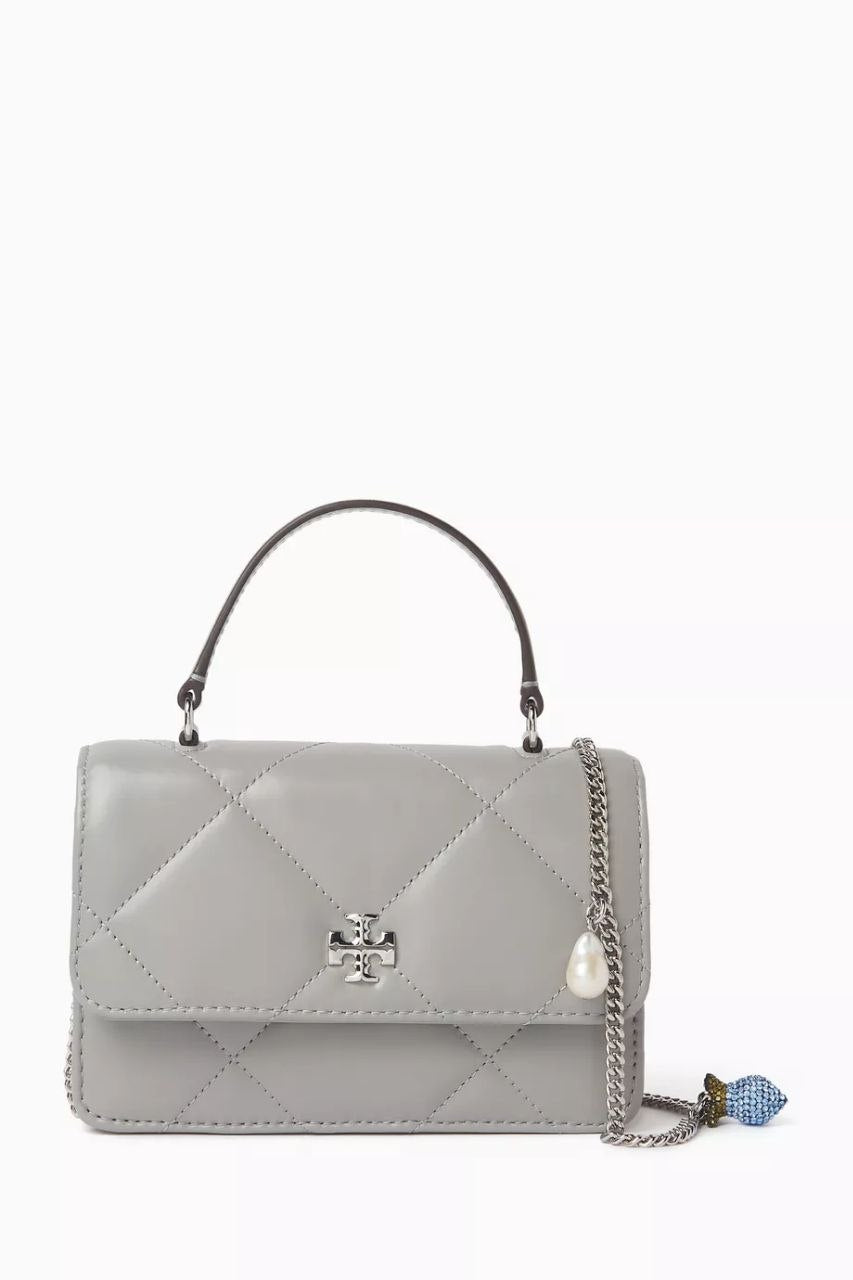 KIRA DIAMOND QUILT CHARM MINI TOP HANDLE CHAIN WALLET GRAY