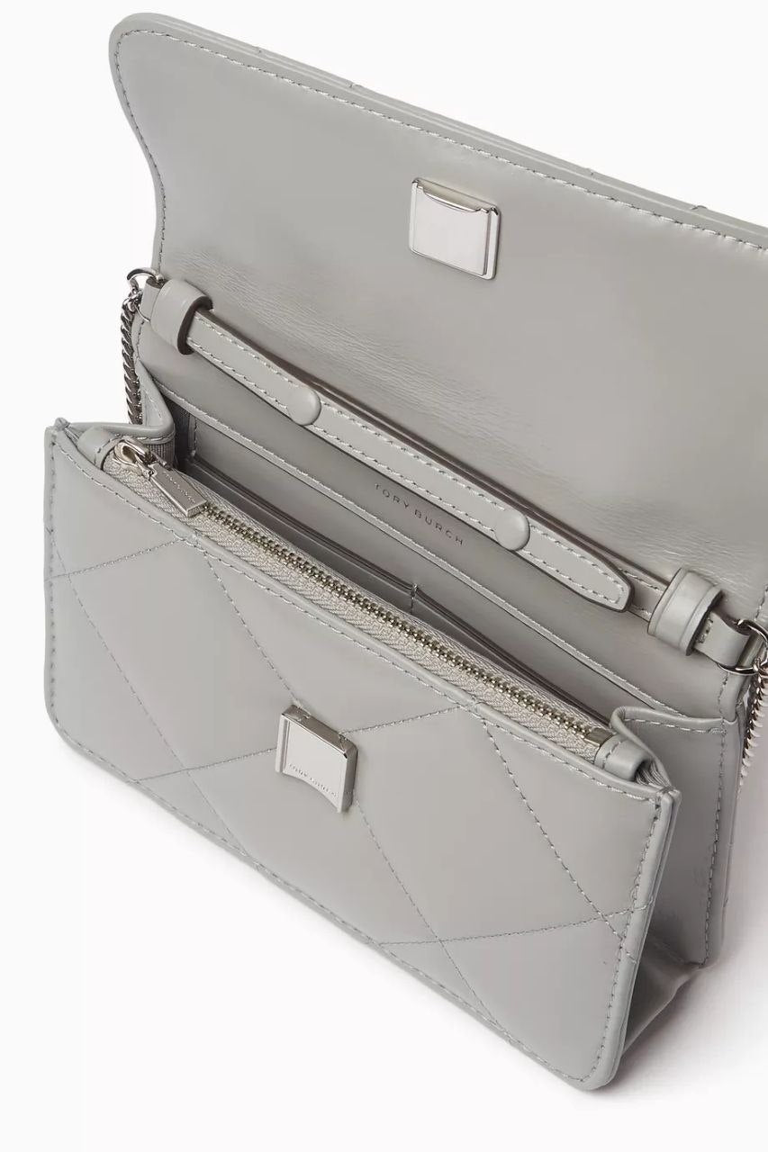 KIRA DIAMOND QUILT CHARM MINI TOP HANDLE CHAIN WALLET GRAY