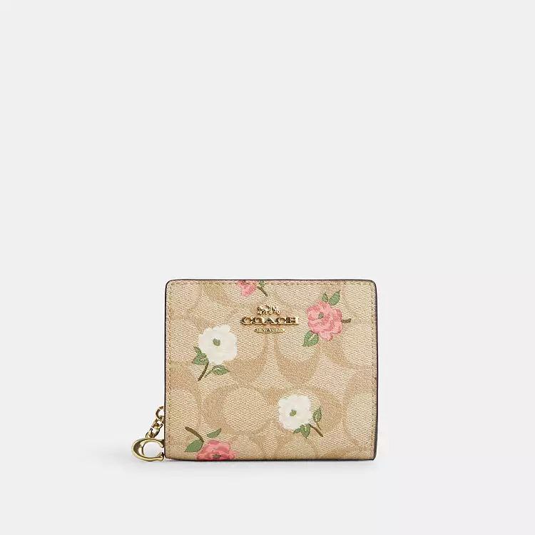 Coach Snap Wallet In Signature Canvas With Floral Print in Light Khaki/ Chalk Multi CR969