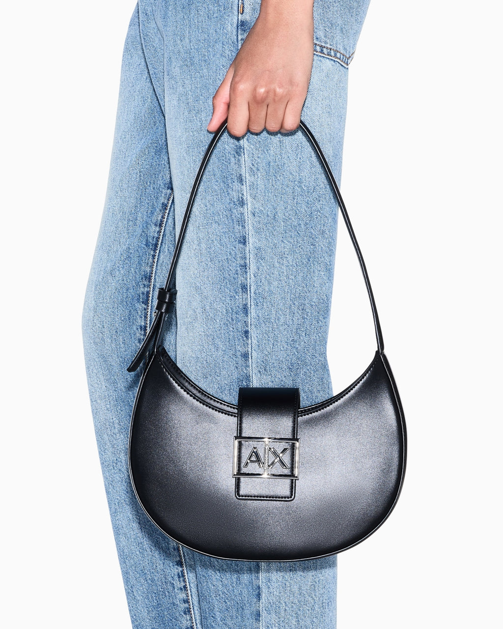 Crescent shoulder bag with a front flap and logo buckle (Armani Exchange)