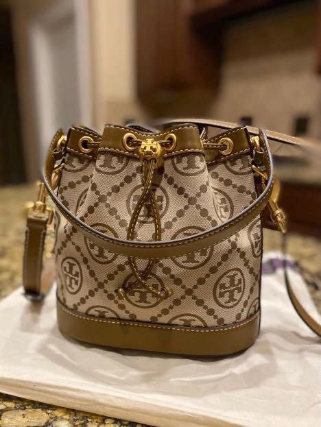 Tory Burch T Monogram Jacquard Bucket Beige Bag