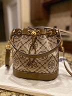 Tory Burch T Monogram Jacquard Bucket Beige Bag