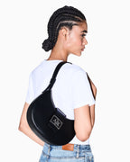 Crescent shoulder bag with a front flap and logo buckle (Armani Exchange)