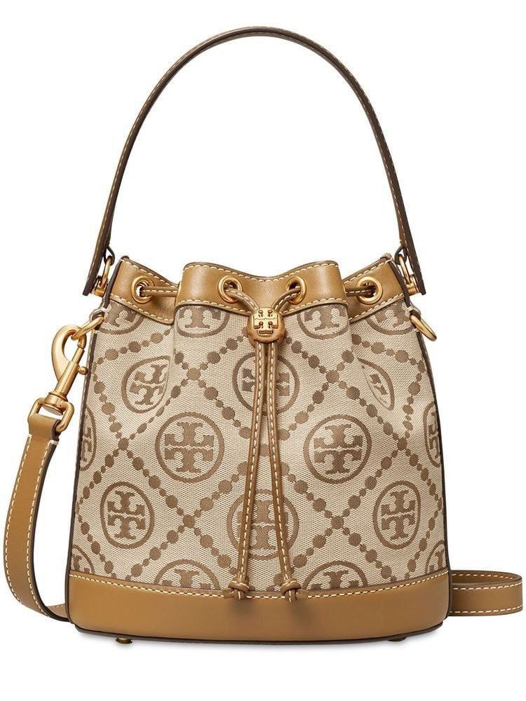 Tory Burch T Monogram Jacquard Bucket Beige Bag