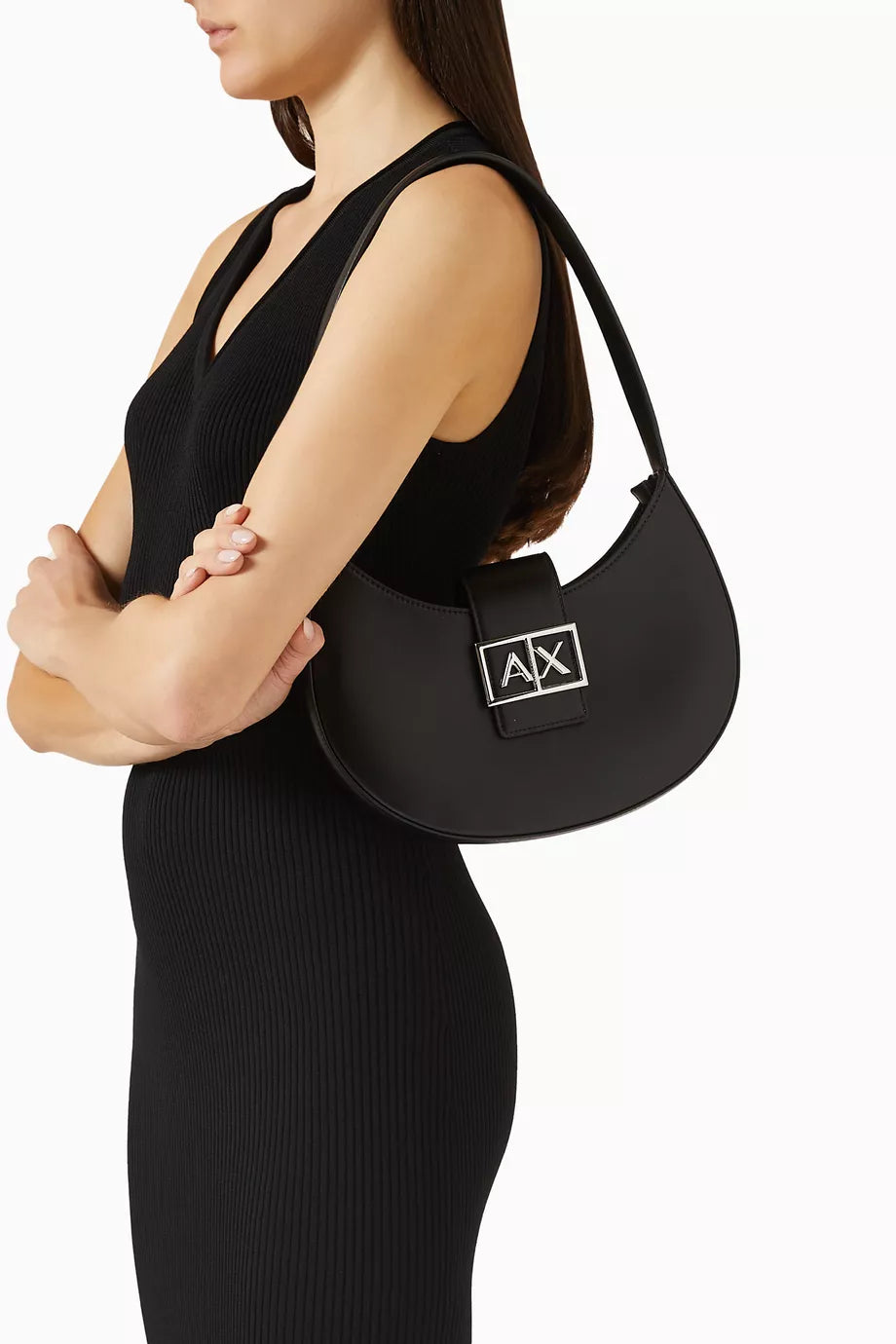 Crescent shoulder bag with a front flap and logo buckle (Armani Exchange)