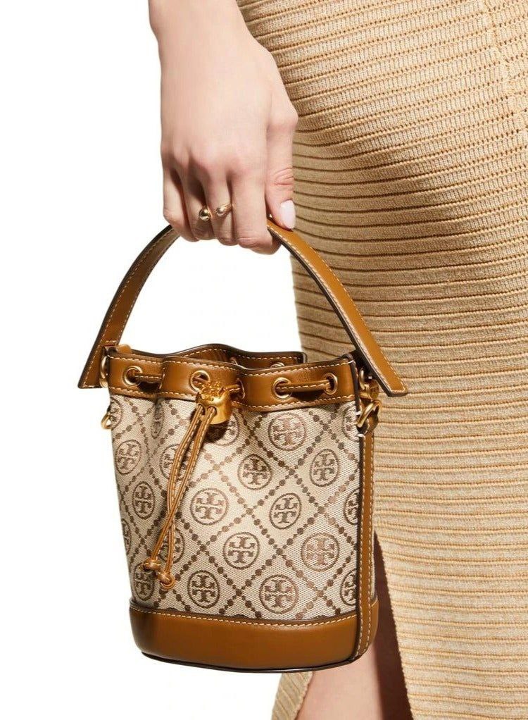 Tory Burch T Monogram Jacquard Bucket Beige Bag